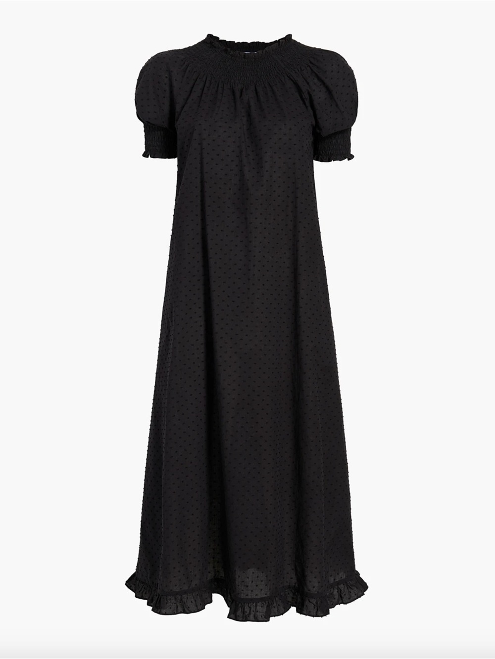 Black Swiss Dot Puff-Sleeve Midi Dress